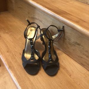 Loft, black jeweled, and golden heels.